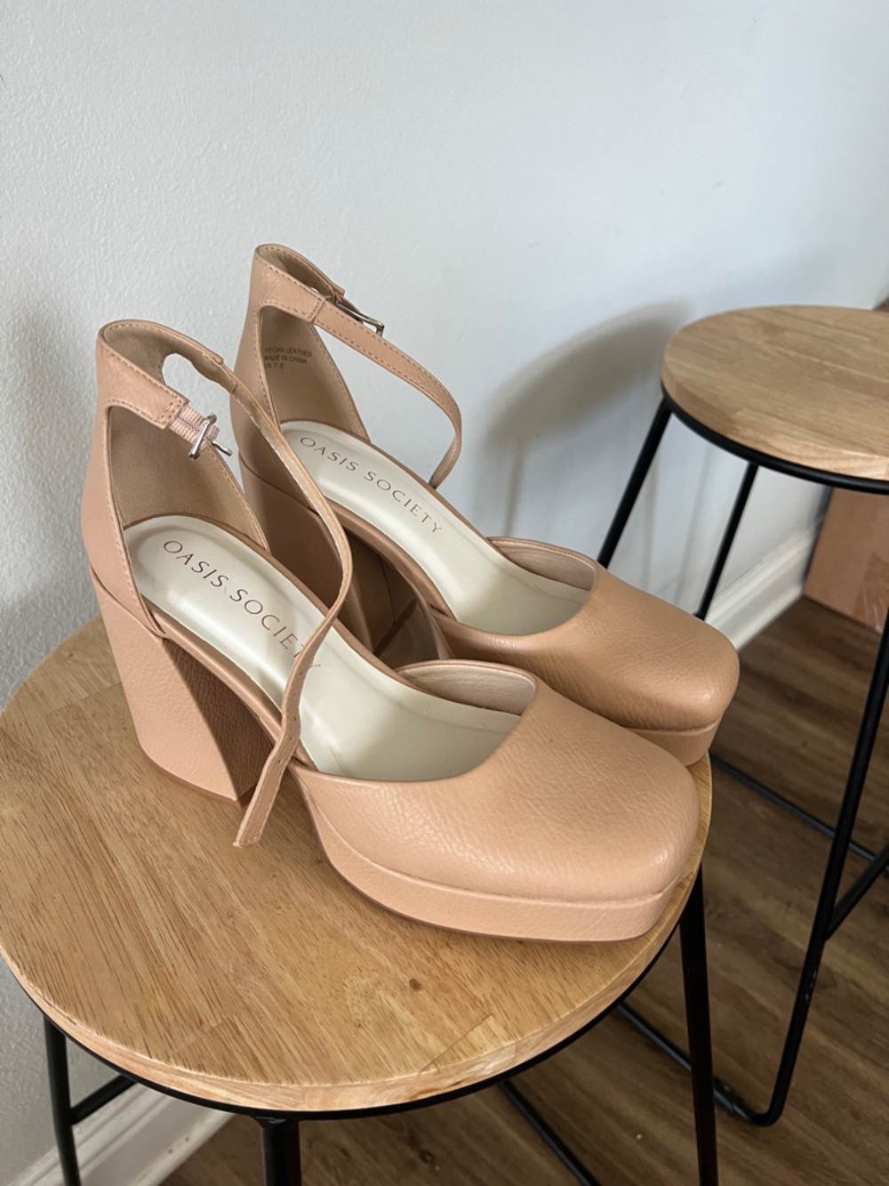 Oasis Society Blush-Taupe Platform Block Heels with Ankle Strap